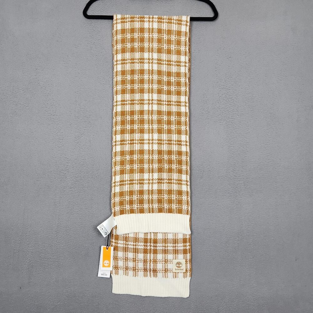 Timberland Scarf Mens One Size Brown White Plaid Knit Acrylic Logo Patch Winter